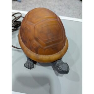 VTG Turtle Lamp with Amber Tiffany Style Glass, Brass Base Tortoise Night Light